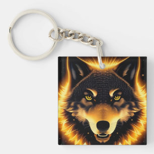 Radiant Wolf Face Illuminated by Golden Light Key Ring