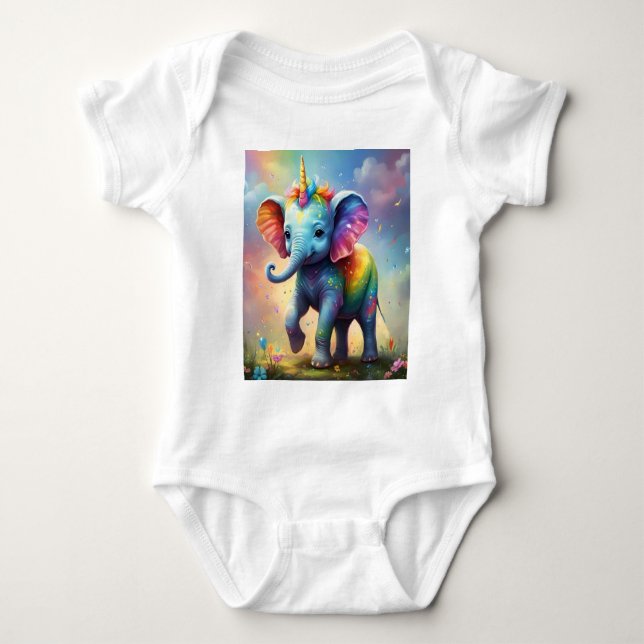 Radiant Wonders: The Rainbow Baby Unicorn Elephant Bodysuit (Front)