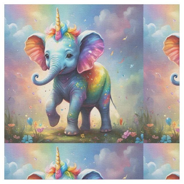 Radiant Wonders: The Rainbow Baby Unicorn Elephant Fabric (Close Up)