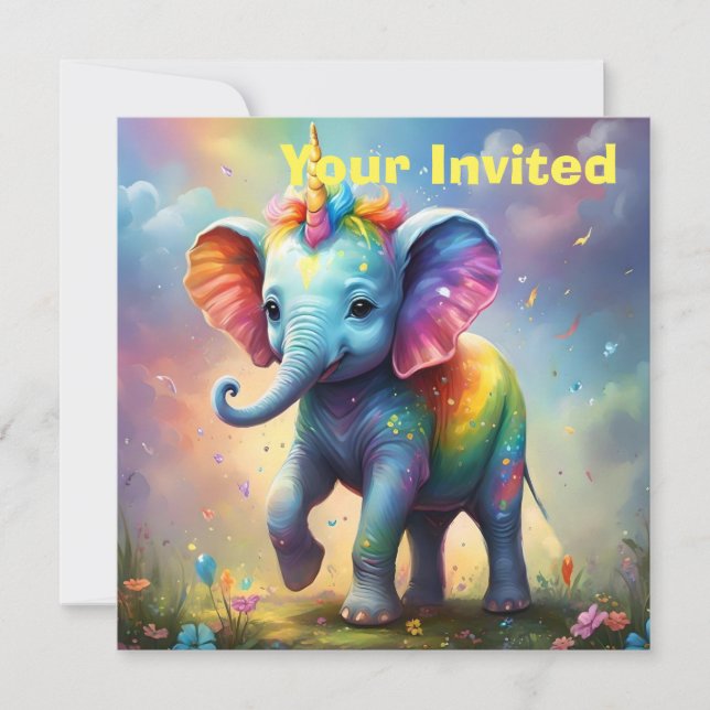 Radiant Wonders: The Rainbow Baby Unicorn Elephant Invitation (Front)