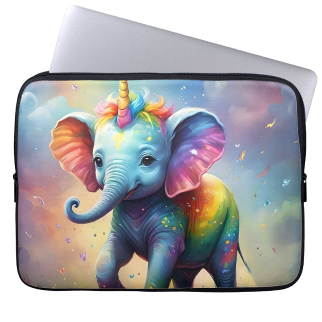Radiant Wonders: The Rainbow Baby Unicorn Elephant Laptop Sleeve (Front)