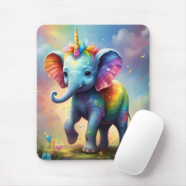 Radiant Wonders: The Rainbow Baby Unicorn Elephant Mouse Pad (With Mouse)