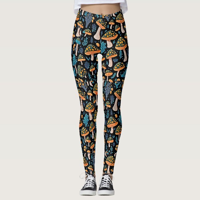 Radiate Confidence with Bioluminescent Mushrooms Leggings (Front)