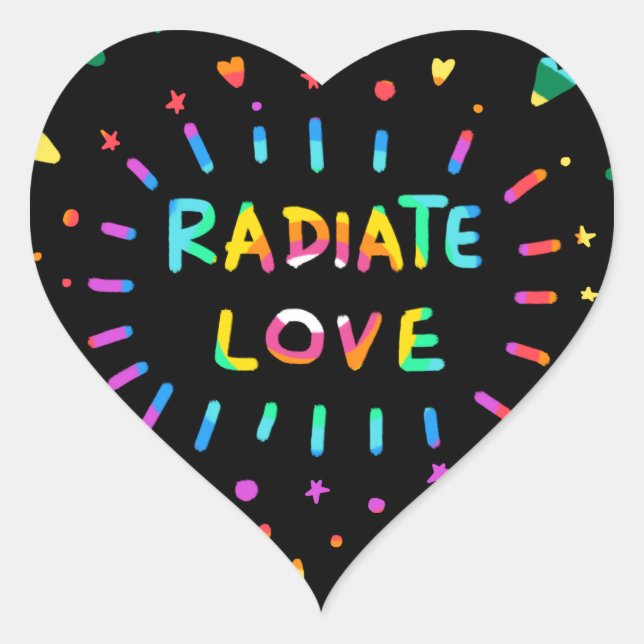 Radiate Love Colourful Rainbow Painting on Black Heart Sticker (Front)