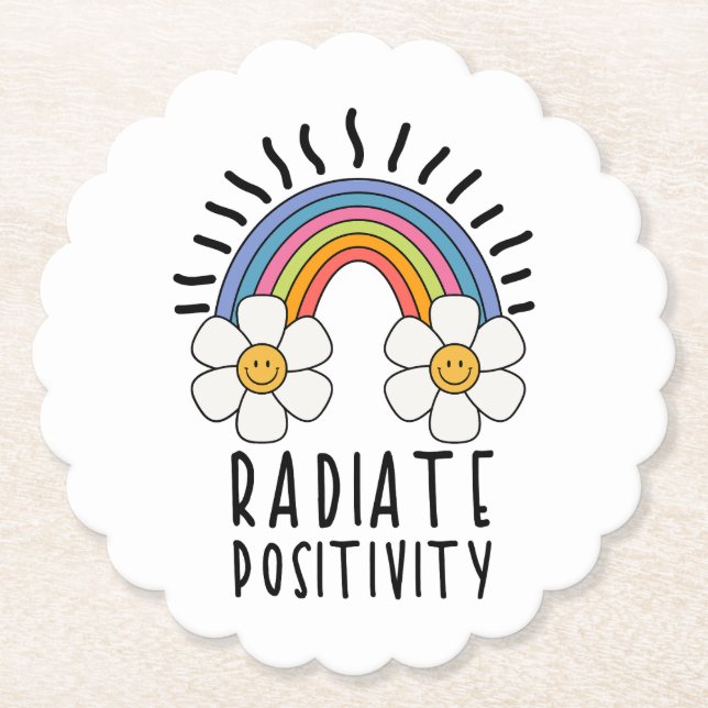 Radiate Positivity | Colourful Rainbow and Flowers Paper Coaster (Front)