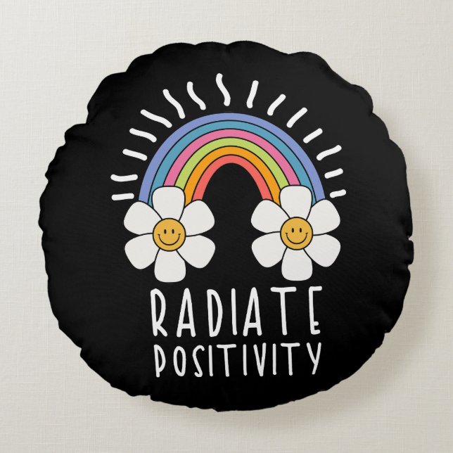 Radiate Positivity | Colourful Rainbow and Flowers Round Cushion (Front)