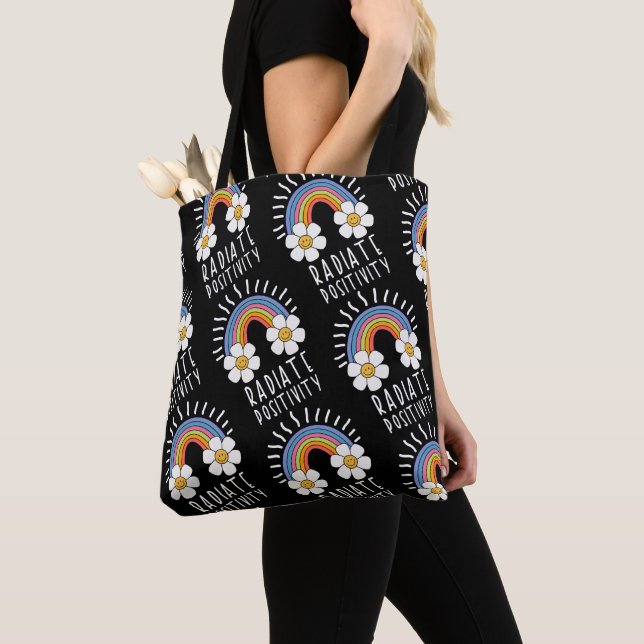 Radiate Positivity | Colourful Rainbow and Flowers Tote Bag (Close Up)