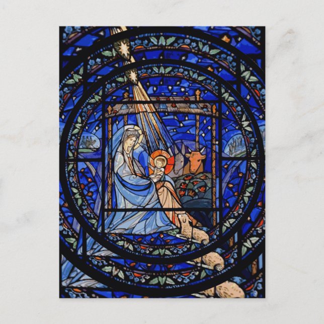 Radiating Nativity Stained Glass Blue Postcard (Front)