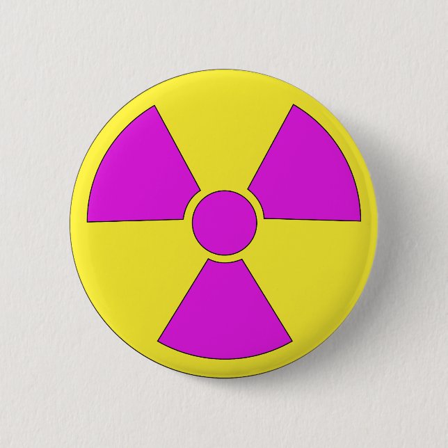 Radiation warning sign magenta and yellow 6 cm round badge (Front)