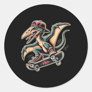 Radical Skateboarding Pterodactyl Dinosaur Cartoon Classic Round Sticker