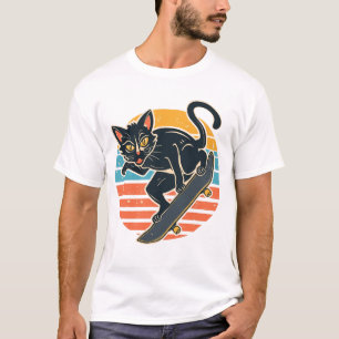Radical Skater Black Cat Catching Air Retro Sunset T-Shirt