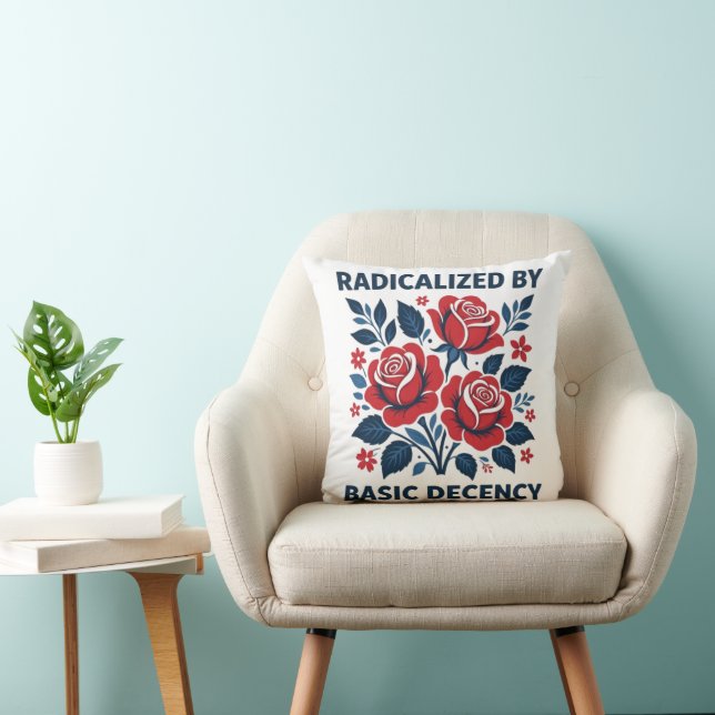 Radicalized by Basic Decency – Red Rose Folk Art Cushion (Chair)