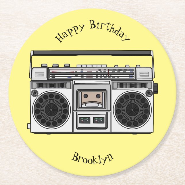 Radio cartoon illustration round paper coaster (Front)