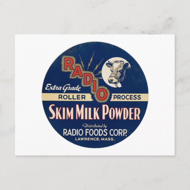 Radio Extra Grade Roller Process Skim Milk Powder. Postcard (Front)