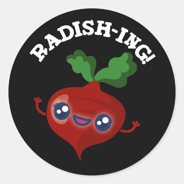 Radish-ing Funny Veggie Radish Pun Dark BG Classic Round Sticker (Front)