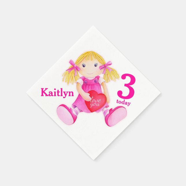 Rag doll art girls 3th Birthday napkins (Corner)