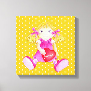 Rag doll girls personalised yellow nursery art canvas print