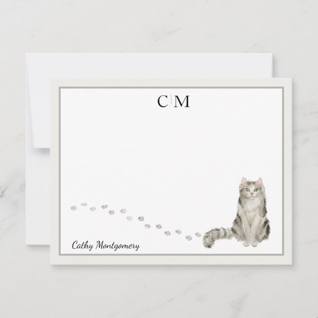 Ragamuffin Cat Grey Border Monogram Name Note Card (Front)