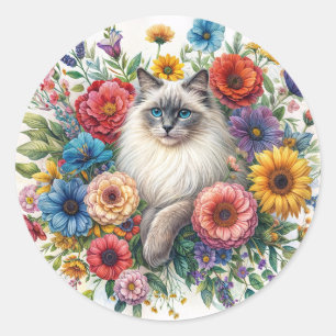 Ragdoll Cat Among Colourful Flowers Watercolor Classic Round Sticker