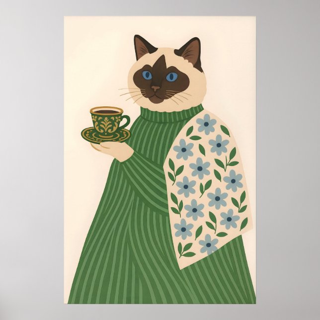 Ragdoll Cat Coffee Art Print, Floral Green Jacket Poster (Front)