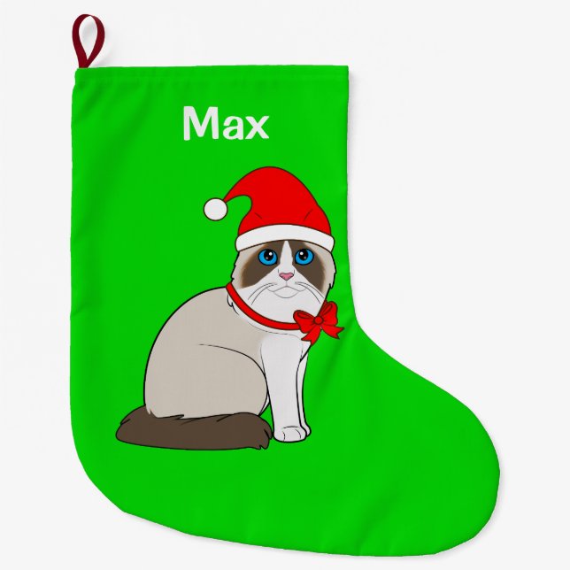 Ragdoll Cat Dressed in Santa Hat Customisable Large Christmas Stocking (Front)