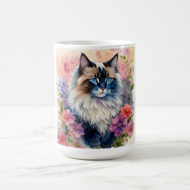Ragdoll Cat Floral Portrait Art Coffee Mug (Center)