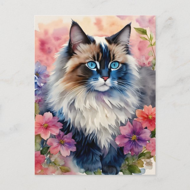 Ragdoll Cat Floral Portrait Art Postcard (Front)
