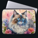 Ragdoll Cat Floral Portrait Laptop Sleeve<br><div class="desc">Laptop sleeve features delicate watercolor artwork of a beautiful rag doll cat surrounded by flowers in a feminine aesthetic animal portrait. 
The fluffy,  blue-eyed feline is staring off to the side in this vibrant multicolor floral painting.</div>