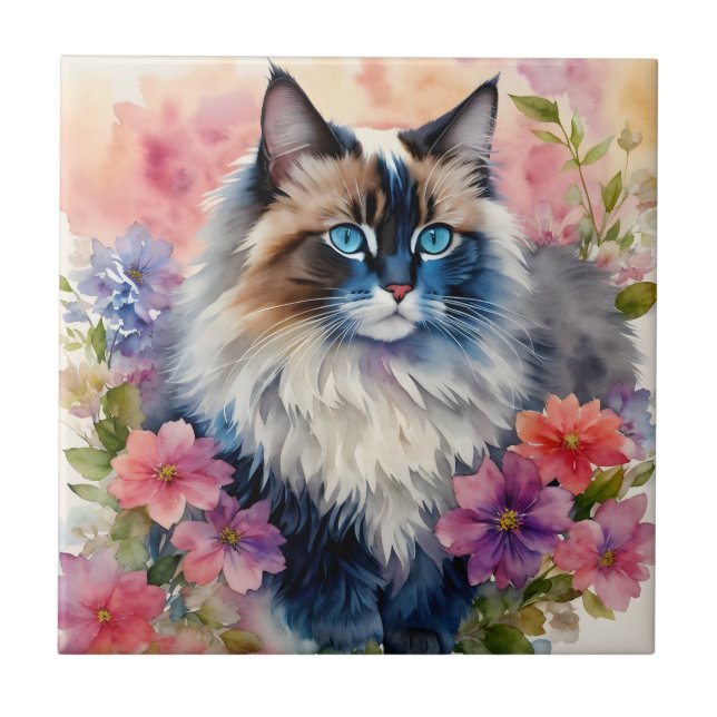 Ragdoll Cat Floral Portrait Tile (Front)