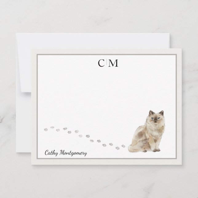 Ragdoll Cat Grey Border Monogram Name Card (Front)
