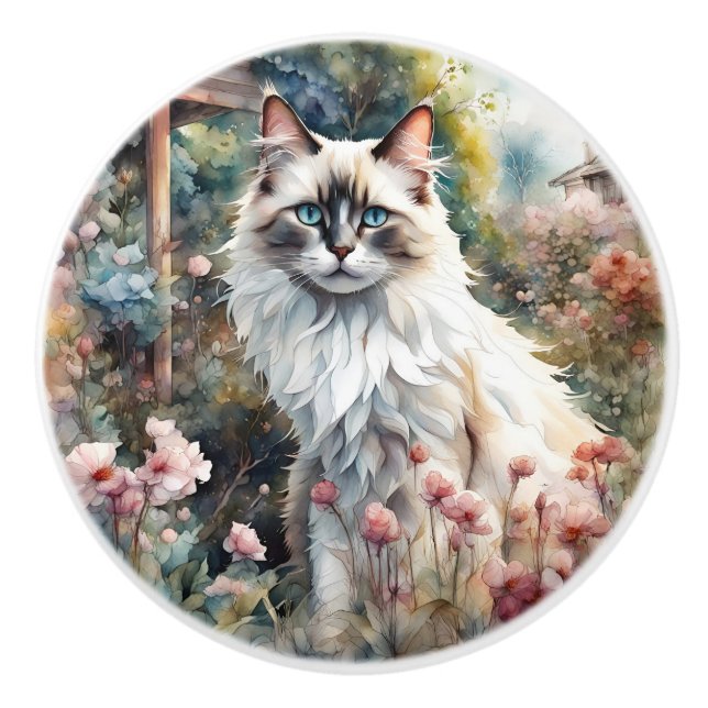 Ragdoll Cat in English Garden Ceramic Knob (Front)