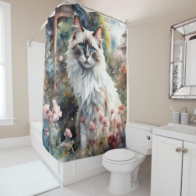 Ragdoll Cat in English Garden Shower Curtain (In Situ)
