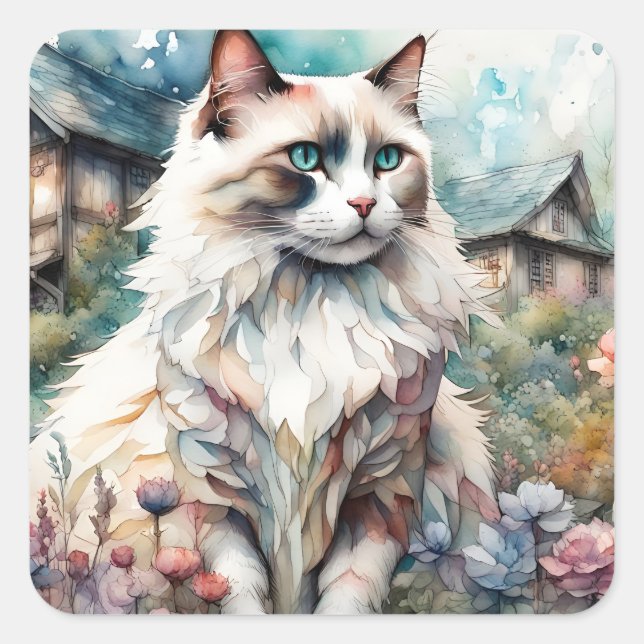 Ragdoll Cat in English Garden Square Sticker (Front)