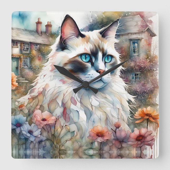 Ragdoll Cat in English Garden Square Wall Clock (Front)