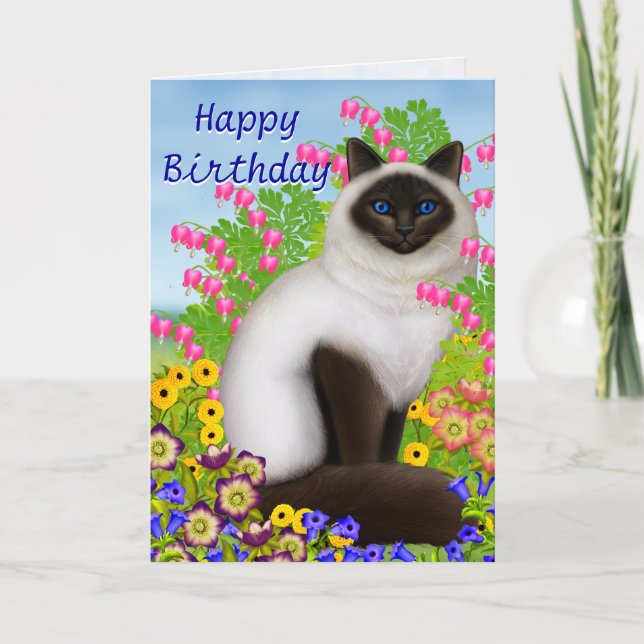 Ragdoll Cat in Garden Flowers Birthday Card (Front)