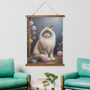 Ragdoll Cat in Garden Fluffy Pet Illustration Hanging Tapestry