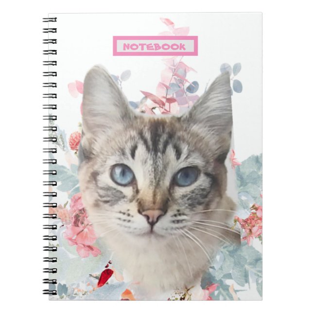 Ragdoll Cat "Kitty Fuzz Butt" White & Pink Flowers Notebook (Front)