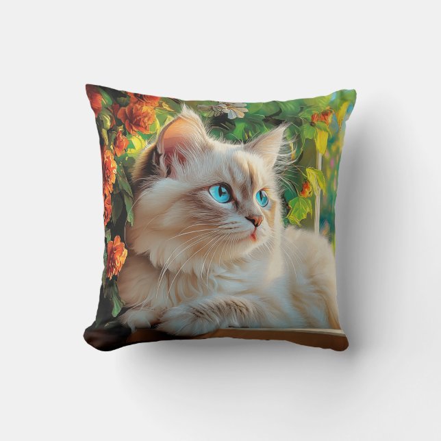 Ragdoll cat portrait with flowers cushion (Front)