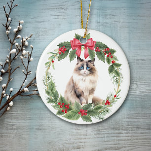 Ragdoll Cat Red Bow Holly Wreath Ceramic Tree Decoration