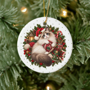 Ragdoll Cat Santa Hat Crochet Hook Yarn Balls Ceramic Tree Decoration