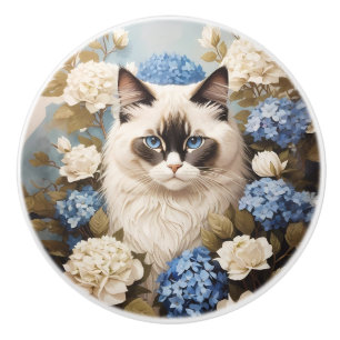 Ragdoll Cat With Blue Hydrangea Flowers Ceramic Knob