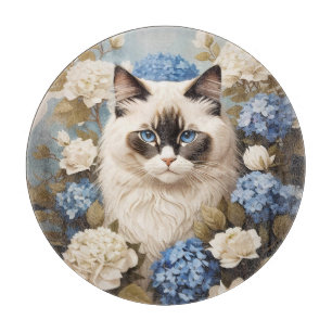 Ragdoll Cat With Blue Hydrangea Flowers Cutting Board