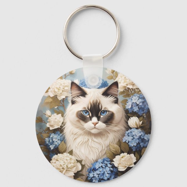 Ragdoll Cat With Blue Hydrangea Flowers Key Ring (Front)