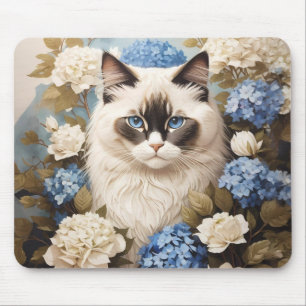 Ragdoll Cat With Blue Hydrangea Flowers Mouse Pad