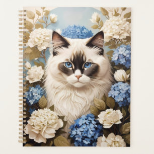 Ragdoll Cat With Blue Hydrangea Flowers Planner