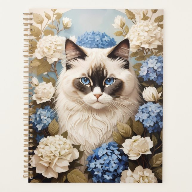 Ragdoll Cat With Blue Hydrangea Flowers Planner (Front)