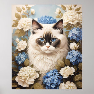 Ragdoll Cat With Blue Hydrangea Flowers Poster