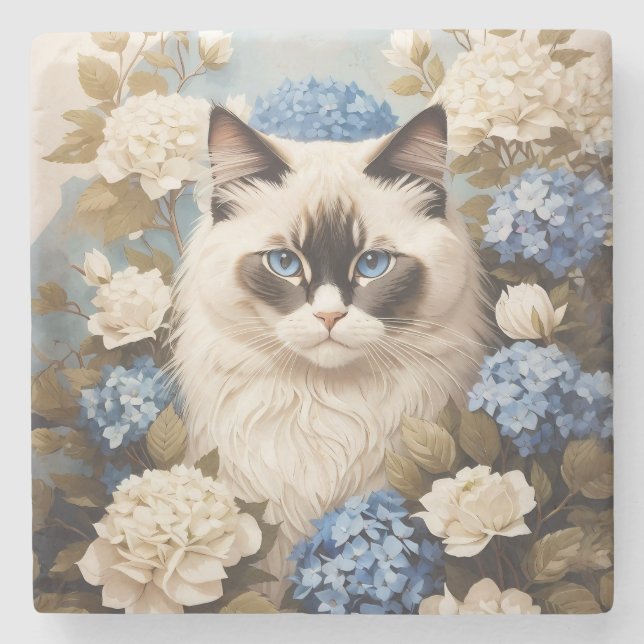 Ragdoll Cat With Blue Hydrangea Flowers Stone Coaster (Front)