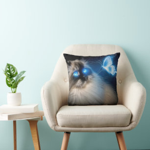 Ragdoll Cat With Blue Neon Butterfly Cushion