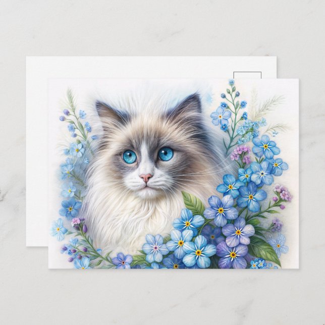Ragdoll Cat With Forget-Me-Nots Postcard (Front/Back)